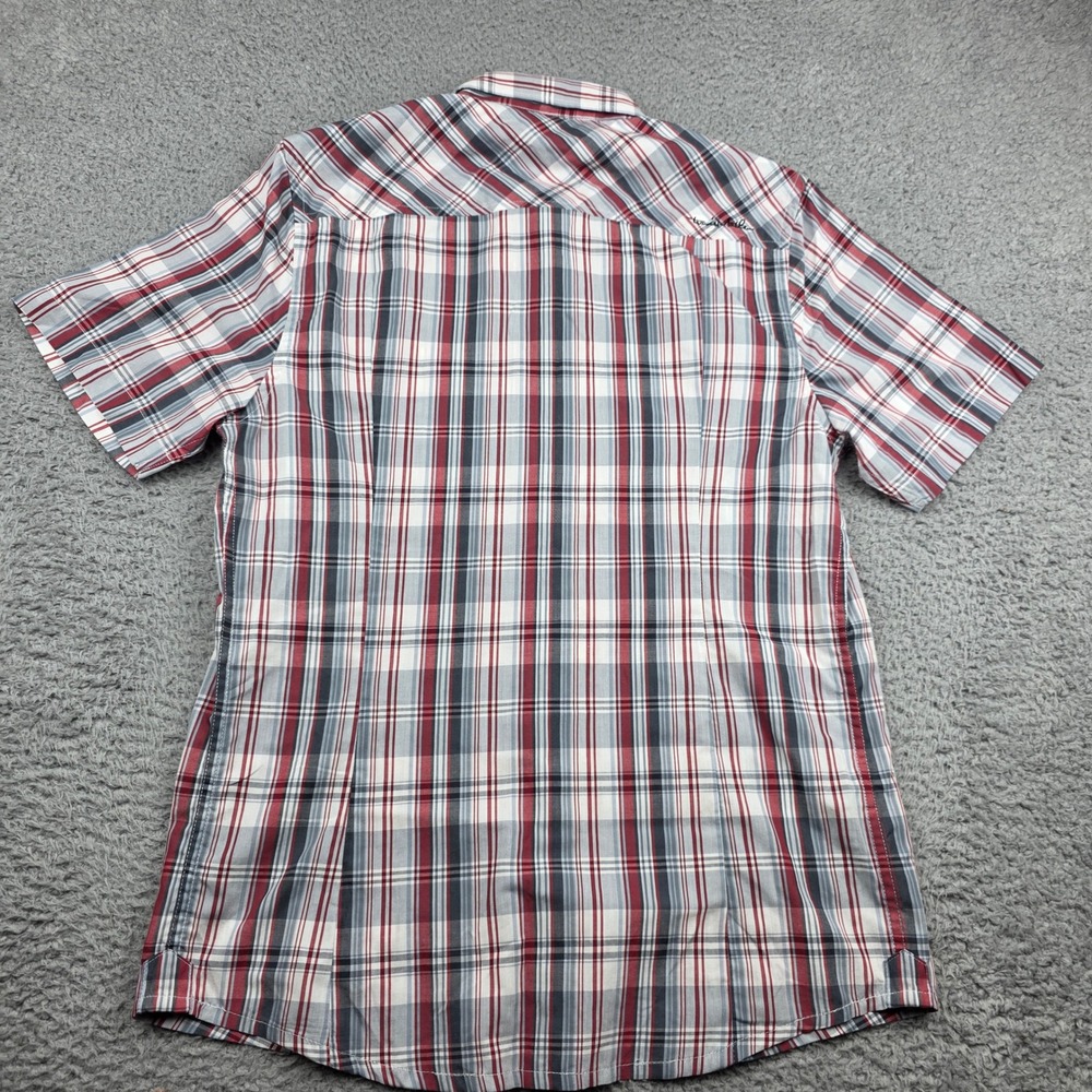 TravisMathew Button Down Shirt Mens Large Red Gray Plaid Short Sleeve Golf - Picture 10 of 12